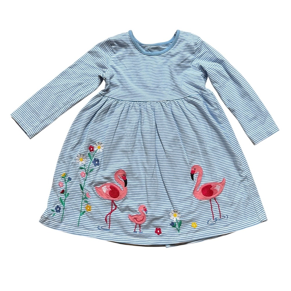 Dress Girls Blue‎ Excellent Flamingo Embroidered Striped SIZE 5-6Y
